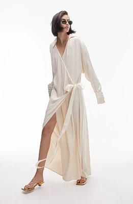 Topshop Long Sleeve Wrap Midi Shirtdress Ivory at Nordstrom, Us