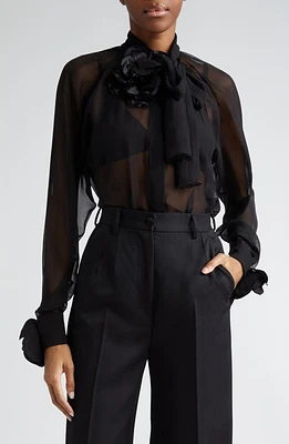 Dolce & Gabbana Floral Appliqué Tie Neck Sheer Silk Shirt Nero at Nordstrom, Us