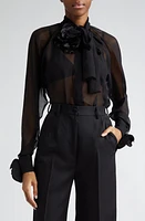 Dolce & Gabbana Floral Appliqué Tie Neck Sheer Silk Shirt Nero at Nordstrom, Us