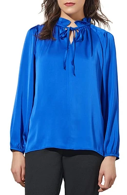 Ming Wang Ruffle Trim Crepe Blouse in Deep Sky at Nordstrom, Size Large