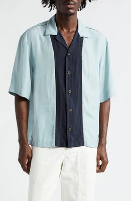 Dries Van Noten Curbank Colorblock Ladder Stitch Satin Camp Shirt Light Blue 514 at Nordstrom,