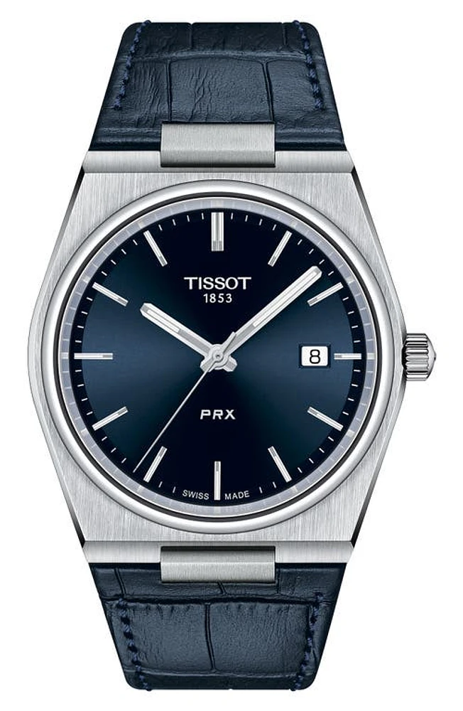 Tissot PRX Leather Strap Watch, 40mm in Blue at Nordstrom