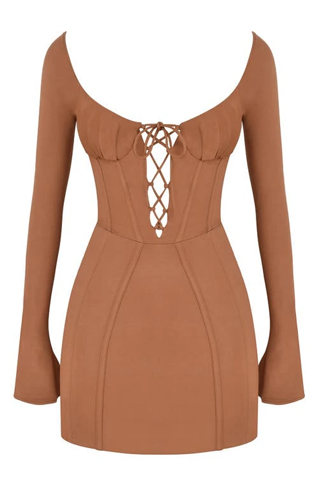 Mistress Rocks Flared Long Sleeve Corset Minidress Walnut at Nordstrom, A