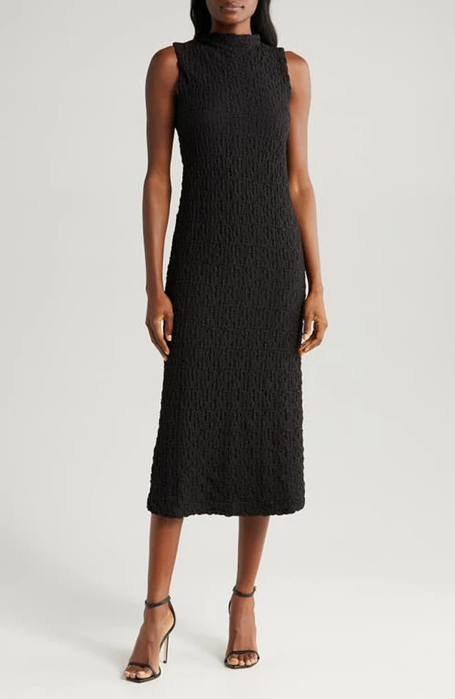 halogen(r) Puckered Cotton Blend Midi Dress Rich Black at Nordstrom,