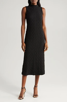 halogen(r) Puckered Cotton Blend Midi Dress Rich Black at Nordstrom,