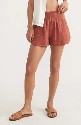 Marine Layer Corinne Smocked Double Cloth Cotton Shorts Rust at Nordstrom,