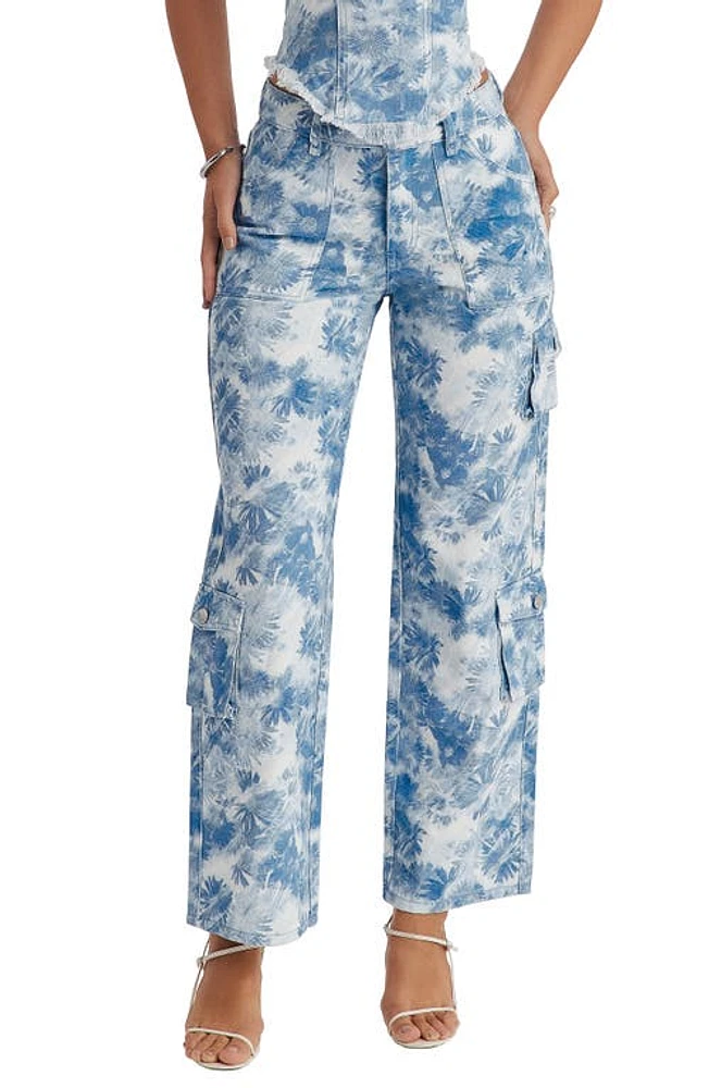 Mistress Rocks Floral Straight Leg Cargo Jeans Blue Flower Print at Nordstrom,