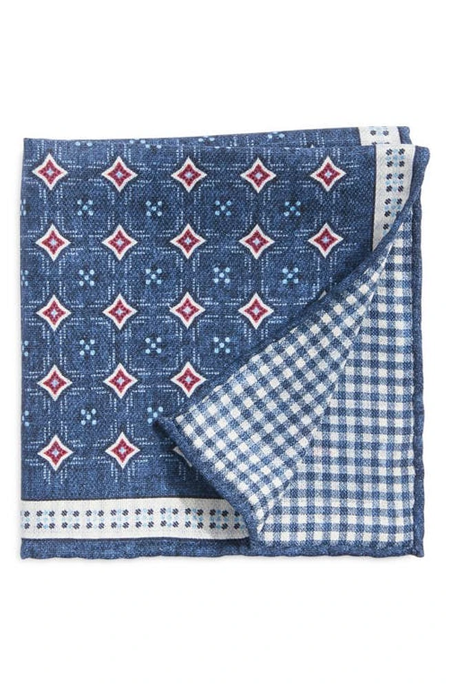 EDWARD ARMAH Neat & Check Prints Reversible Silk Pocket Square in Denim at Nordstrom