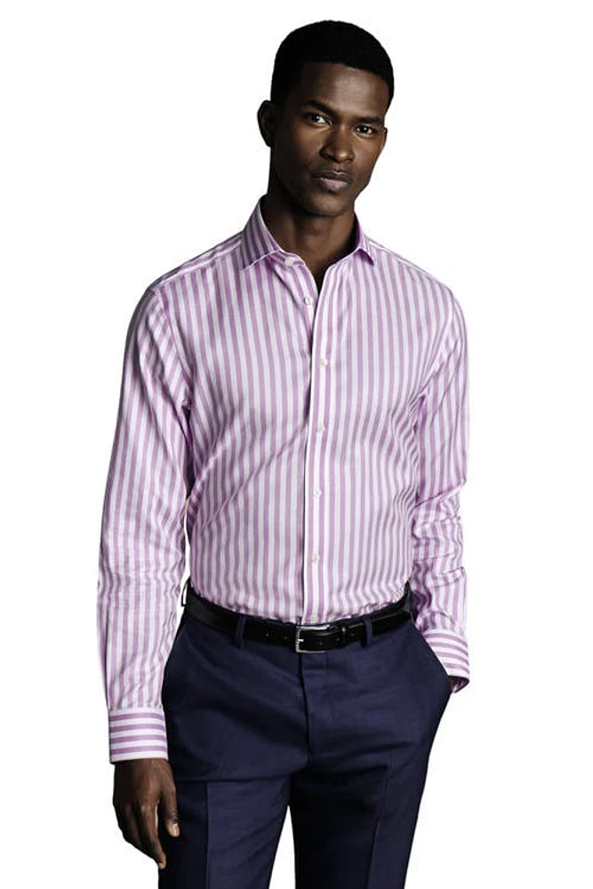 Charles Tyrwhitt Wide Stripe Non-Iron Twill Cutaway Slim Fit Shirt Single Cuff Lilac Purple at Nordstrom,