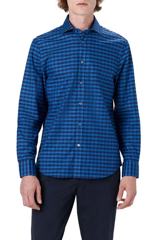 Bugatchi Shaped Fit Check Stretch Cotton Button-Up Shirt in Night Blue at Nordstrom, Size X-Large