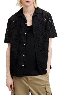 AllSaints Quinta Eyelet Short Sleeve Cotton Camp Shirt Jet Black at Nordstrom,