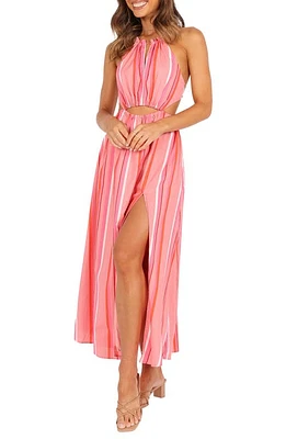 Petal & Pup Madam Stripe Cutout Cotton Halter Dress Pink at Nordstrom,