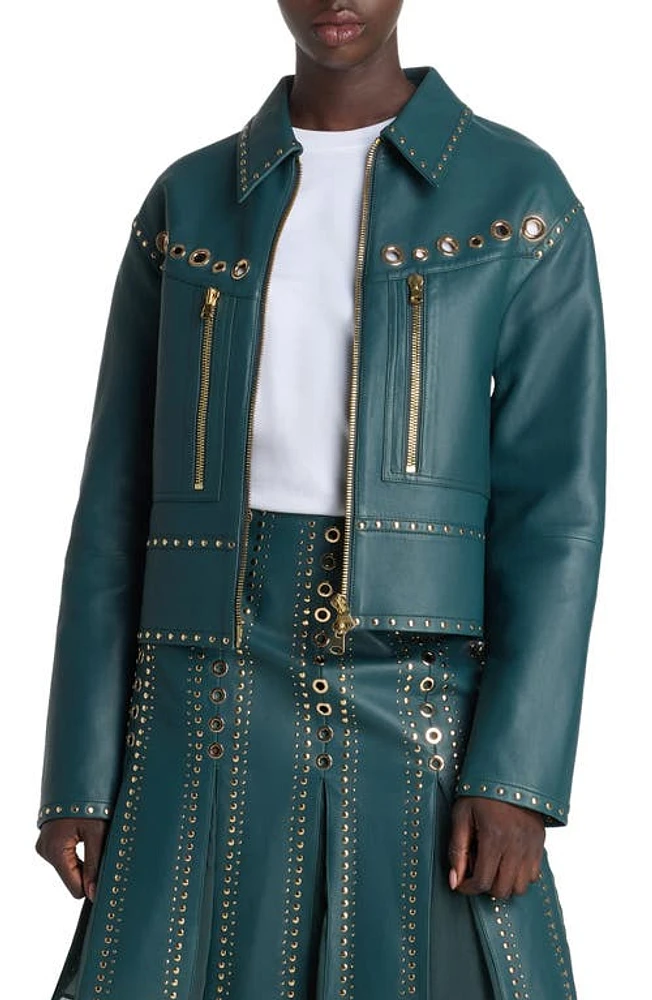 St. John Collection Embellished Leather Jacket Prussian Blue at Nordstrom,