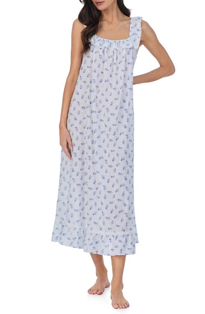 Eileen West Ruffle Sleeveless Swiss Dot Nightgown White/blue Floral at Nordstrom,