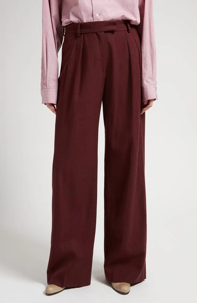 The Row Antone High Waist Pleat Wool Wide Leg Pants Burgundy at Nordstrom,