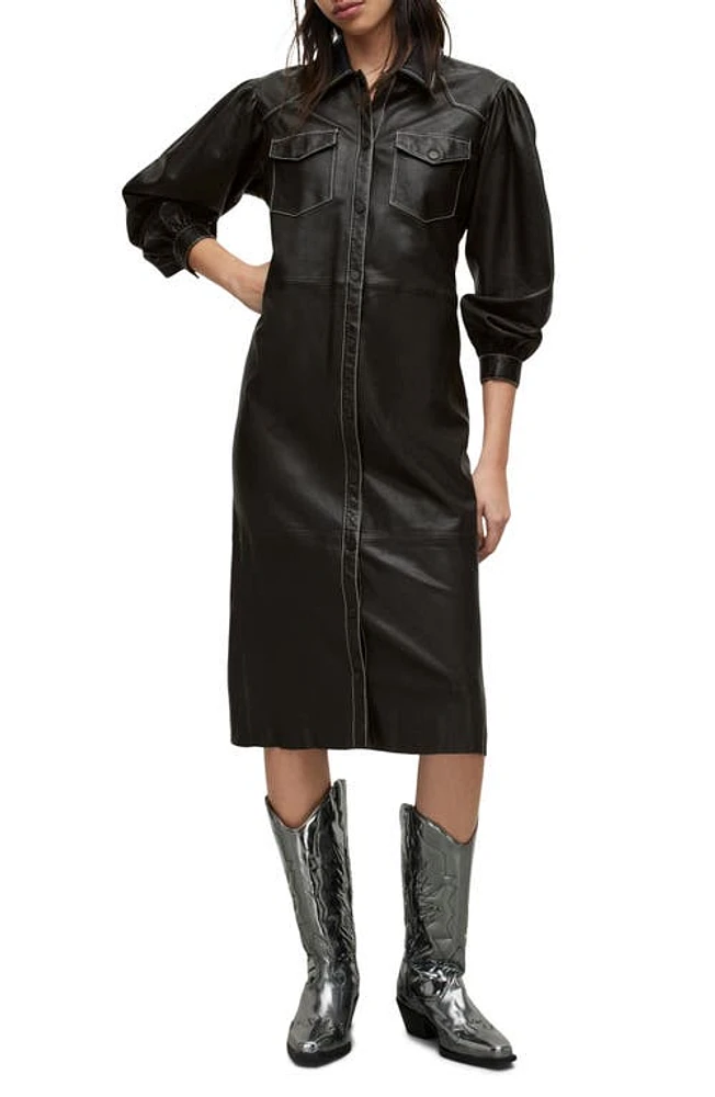 AllSaints Ava Long Sleeve Leather Shirtdress in Black at Nordstrom, Size 8 Us