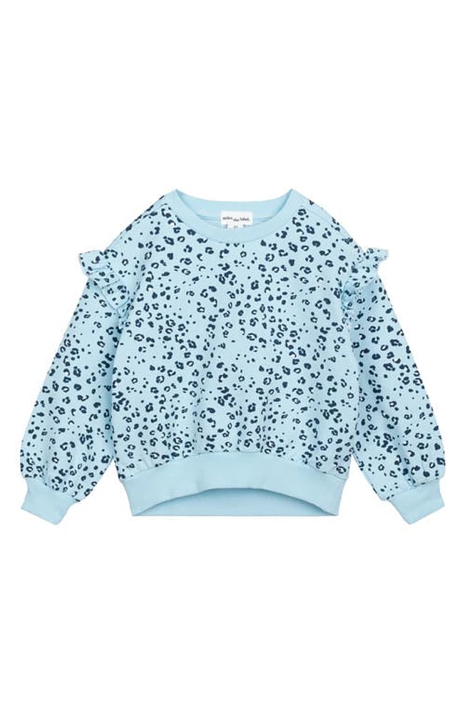 MILES THE LABEL Leopard Print Ruffle Organic Cotton Sweatshirt in Blue Light at Nordstrom, Size 6M