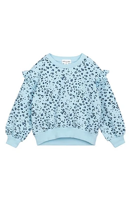 MILES THE LABEL Leopard Print Ruffle Organic Cotton Sweatshirt in Blue Light at Nordstrom, Size 6M