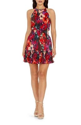 Dress the Population Kaylee Floral Plissé Minidress Rouge Multi at Nordstrom,