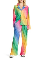 Dressed in Lala Notched Collar Plissé Top & High Waist Pants Set in Dark Rainbow at Nordstrom, Size Large