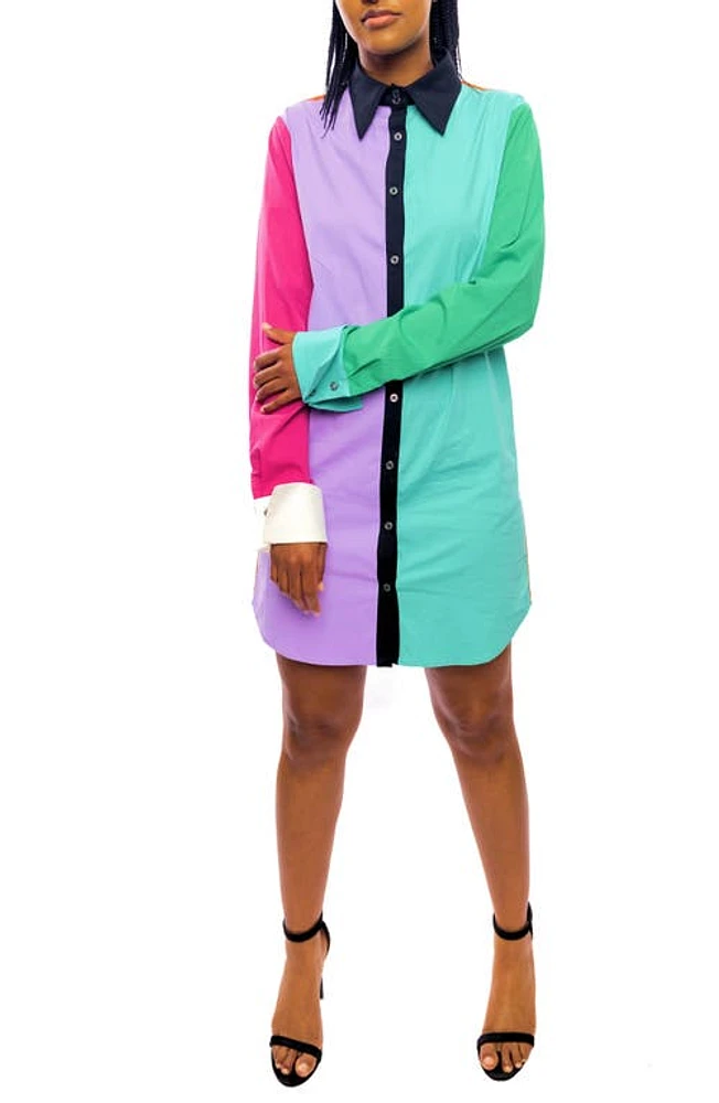 Dai Moda Colorblock Long Sleeve Mini Shirtdress Assorted at Nordstrom,