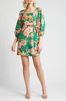 Vince Camuto Floral Long Sleeve Linen Blend Dress Green Mult at Nordstrom,