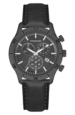 FERRAGAMO Master Leather Strap Chronograph Watch, 43mm in Ip Black at Nordstrom