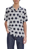 A. P.C. Lloyd Link Print Viscose & Linen Camp Shirt in Iak Dark Navy at Nordstrom, Size Large