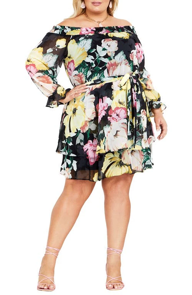 City Chic Athena Floral Off the Shoulder Long Sleeve Belted Minidress Melanie Bloom at