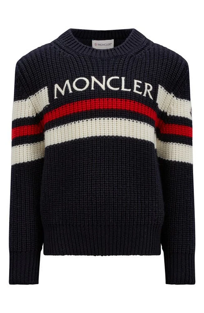 Moncler Kids' Stripe Embroidered Logo Virgin Wool Sweater in Blue Navy at Nordstrom, Size 6Y