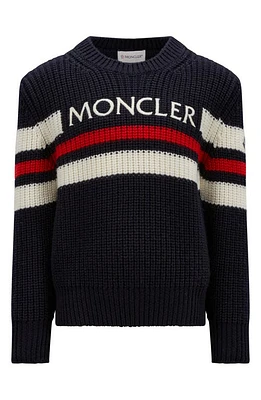 Moncler Kids' Stripe Embroidered Logo Virgin Wool Sweater in Blue Navy at Nordstrom, Size 6Y