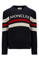 Moncler Kids' Stripe Embroidered Logo Virgin Wool Sweater in Blue Navy at Nordstrom, Size 6Y