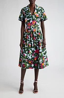 Oscar de la Renta Floral Print Bow Square Neck Stretch Cotton Dress Pink/Pale Blue at Nordstrom,