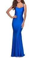 La Femme Lace Up Back Jersey Mermaid Gown at Nordstrom,