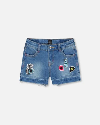 Deux Par Deux Little Girl's Blue Jean Short With Funny Patches in Blue Denim at Nordstrom