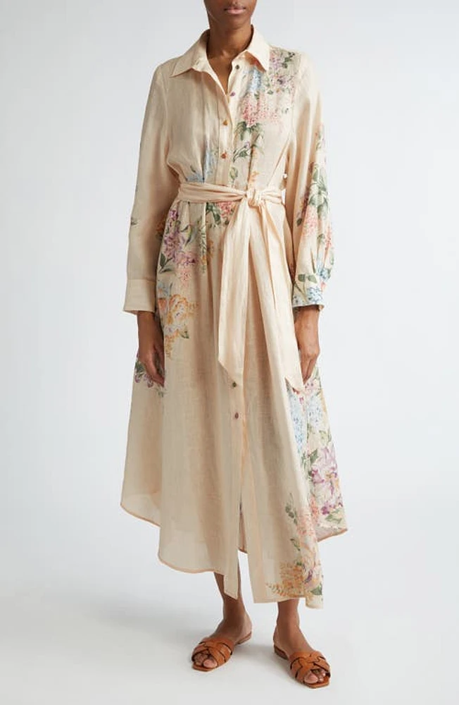 Zimmermann Halliday Floral Long Sleeve Linen Shirtdress Cream Watercolour at Nordstrom,