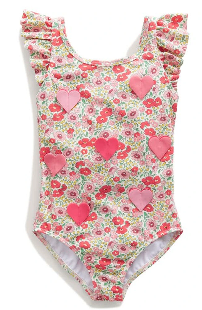 Mini Boden Kids' Appliqué Ruffle One-Piece Swimsuit Flowerbed Hearts at Nordstrom,