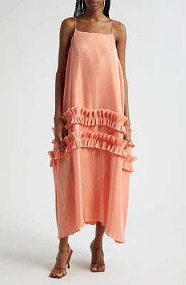 ORIRE Dots Plissé Ruffle Trim Midi Dress Tangerine at Nordstrom, Us