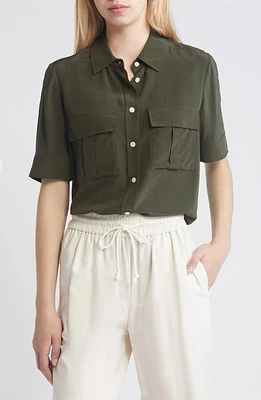 FRAME Short Sleeve Silk Flap Pocket Button-Up Shirt Military at Nordstrom,