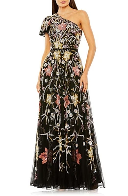 Mac Duggal Sequin Floral One-Shoulder Mesh A-Line Gown Black Multi at Nordstrom,