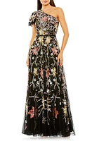 Mac Duggal Sequin Floral One-Shoulder Mesh A-Line Gown Black Multi at Nordstrom,