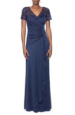 Xscape Evenings Beaded Short Sleeve Ruched Gown Charcoal Blue at Nordstrom,