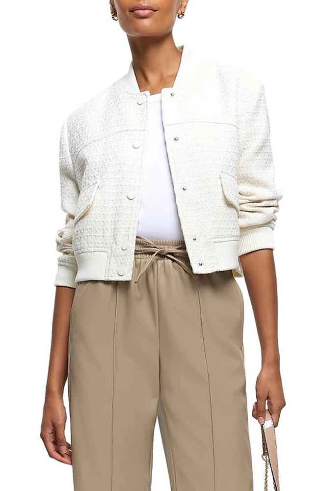 River Island Bouclé Bomber Jacket in Cream at Nordstrom, Size 10