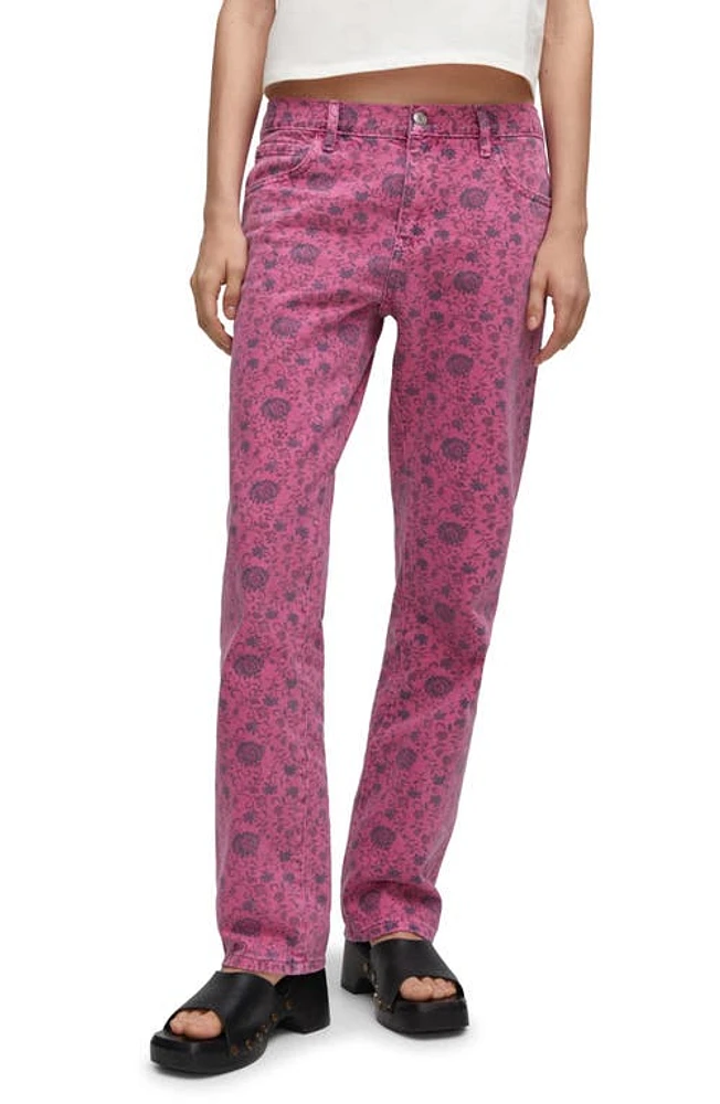 MANGO Floral Print Straight Leg Jeans in Fuchsia at Nordstrom, Size 4