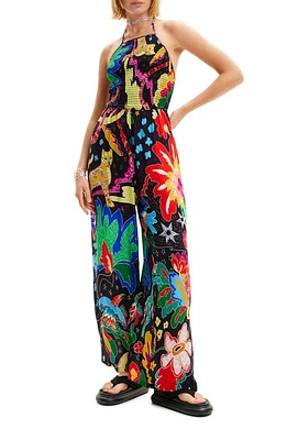 Desigual Jungle Design Halter Neck Jumpsuit Black at Nordstrom,