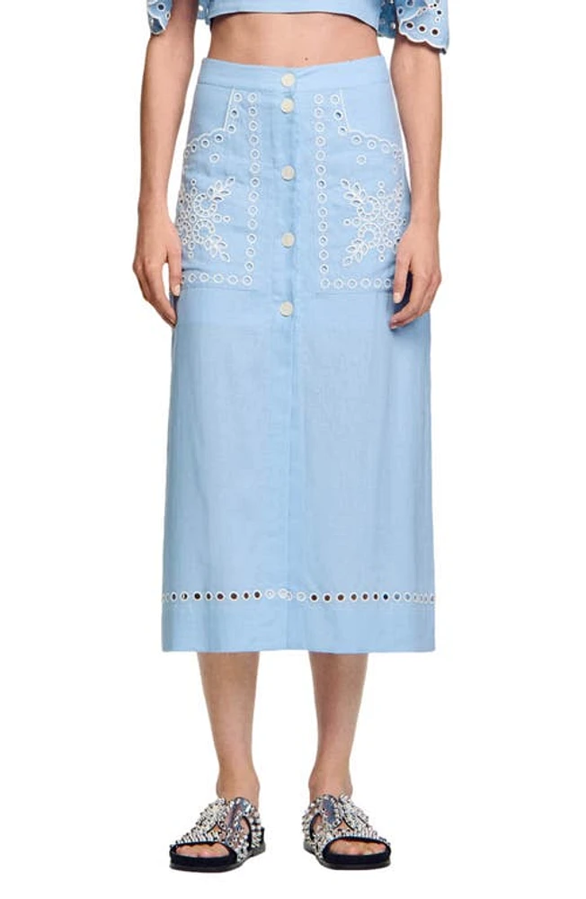 sandro Alona Linen Blend Midi Skirt Sky Blue at Nordstrom,