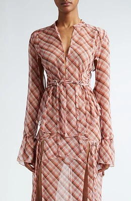 Knwls Plaid Strap Detail Sheer Shirt Moto Check Pink at Nordstrom, Us