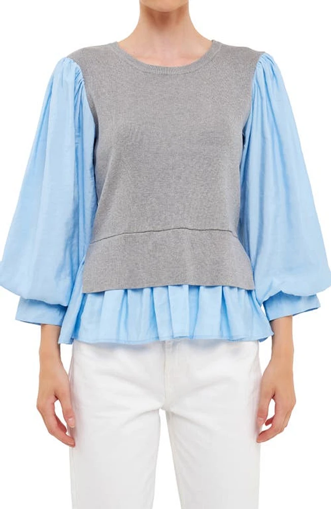 English Factory Layered Mixed Media Top Heather Grey/blue at Nordstrom,