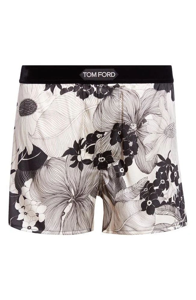 TOM FORD Floral Stretch Silk Boxers Black /Ecru at Nordstrom,