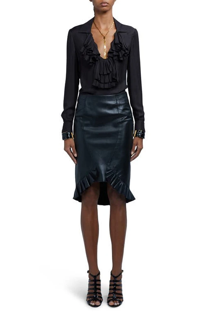 TOM FORD Ruffle Neck Twill Shirt Black at Nordstrom, Us